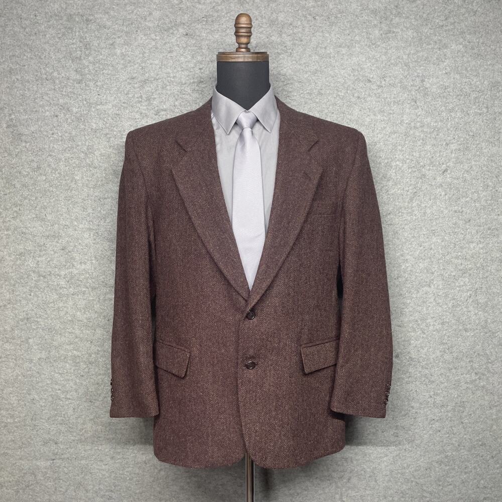 Brookcraft Mens Tweed Sport Coat Blazer Maroon Herringbone USA 46R Wool Look